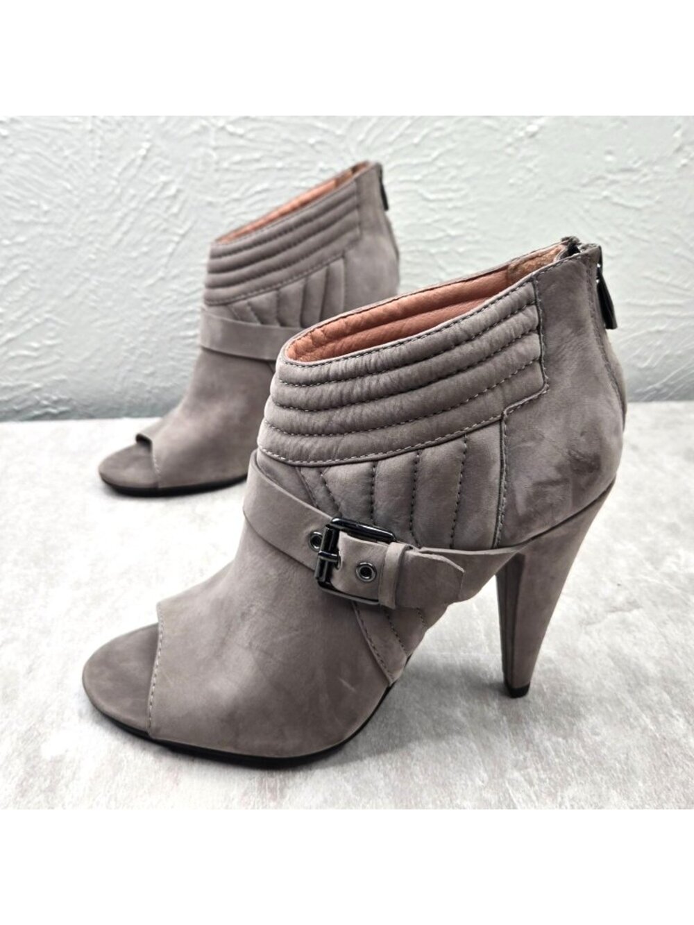 Peep Toe High Heel Boots Suede Gray Quilted Buckle Moto Dress Ankle Booties Sz 7